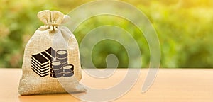 Money bag on nature background. Economics, salary. Business and industry, economic processes. Finance and budgeting, investments,