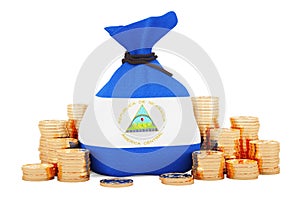 Money bag with Nicaraguan flag and golden coins around, 3D rendering