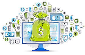 Money bag over computer monitor and dollar icons set, online banking or bookkeeping concept, internet electronic money, savings,