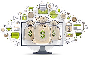 Money bag over computer monitor and icons set, online banking or bookkeeping concept, internet electronic money, savings, vector