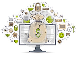 Money bag over computer monitor and icons set, online banking or bookkeeping concept, internet electronic money, savings, vector