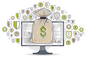 Money bag over computer monitor and shield icons set, online banking or bookkeeping data protection concept, internet electronic