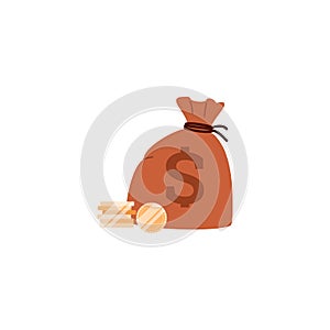 Money bag with piles of gold coins, flat vector illustration isolated on white.