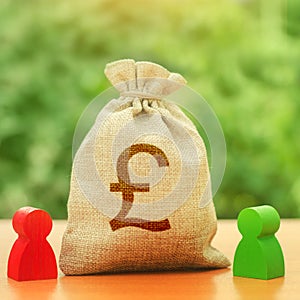 Money bag with pound sterling money symbol and two people figures. Business Investment and lending, leasing. Dispute solution