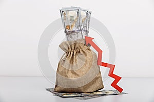 Money bag and red arrow up. Influx of investment and capital, increase of wealth