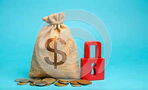 Money bag and red lock. Financial risks insurance concept. Guarantee and saving of cash investments. Insurance Market Services.