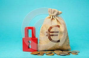 Money bag and red lock. Financial risks insurance concept. Guarantee and saving of cash investments. Stability. Deposit, Loan,