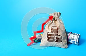 Money bag and red up arrow. Economic growth, GDP. Rise in profits, budget fees. Increase in the deposit rate. Increase income and