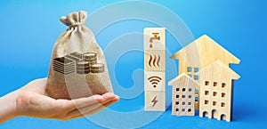 Money bag, residential buildings and blocks with communal services symbols. Utilities public service. Price, payment methods,