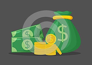 Money bag and stack of gold coins vector illustration