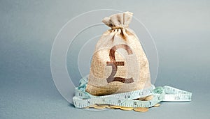 Money bag with tape measure. The concept of reducing profits. Limited budget. Unprofitable business. Capital outflow. Report and photo