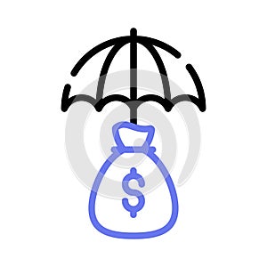 Money bag under umbrella, a concept of financial insurance icon in modern style