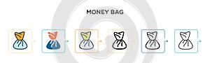 Money bag vector icon in 6 different modern styles. Black, two colored money bag icons designed in filled, outline, line and