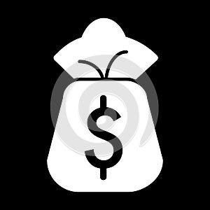 Money bag vector icon. Black and white dollar illustration. Solid linear finance icon.