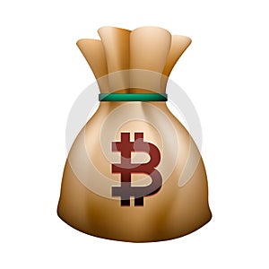 Money bag vector icon, moneybag with drawstring and bitcoin sign isolated on white background, vector illustration.