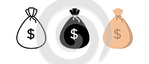 Money bag vector icons set. Line black and white sack, flat money bag illustration different style