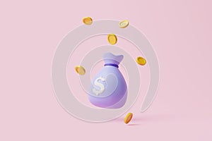 Money bag with white dollar sign on it with gold coins on pink pastel background