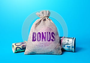 Money bag with word bonus. Rewarding employees with financial benefits. Receive rewards and preferences. Salary increase,