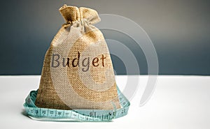Money bag with the word Budget and tape measure. The concept of limited profit. Lack of money and poverty. Small income. Salary
