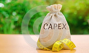 Money bag with the word Capex  capital expenditure  and tape measure. Capital used by companies to acquire or upgrade physical photo