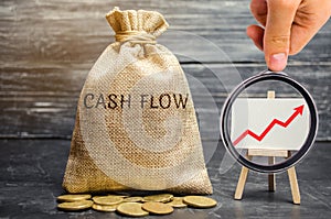 A money bag with the word Cash Flow and a chart with an up arrow. Financial planning. Financial management concept. Analysis of