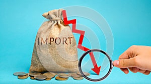 Money bag with the word Import and down arrow. The fall of imports. Reducing the competitiveness of imported goods. Sanctions and