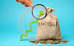 Money bag with the word Import and up arrow. Increased trade between countries. Economic prosperity. New companies entering the photo