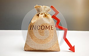 Money bag with word Income and down arrow. Reduced revenue and profits. Reduced budget. Loss of money. Unsuccessful business and