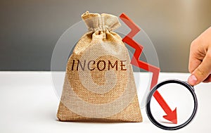 Money bag with word Income and down arrow. Reduced revenue and profits. Reduced budget. Loss of money. Unsuccessful business and