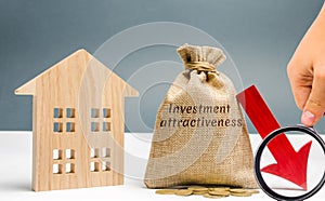 Money bag with the word Investment attractiveness and a down arrow with a house. Concept of falling attractiveness and investment