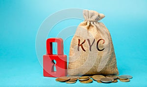 Money bag with the word KYC - Know Your Customer / Client. Verify the identity, suitability and risks involved with maintaining a photo