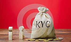 Money bag with the word KYC and two people. Know Your Customer Client concept. Verify the identity, suitability and risks involved photo