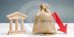 Money bag with the word Liquidity, down arrow and bank building. The concept of market decline. Drop in sales. Crisis and collapse photo