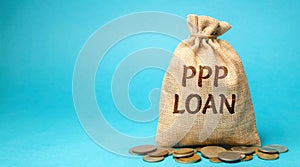 Money bag with the word PPP loan - Paycheck Protection Program. Loan designed to provide a direct incentive for small businesses