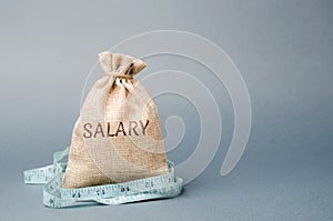 Money bag with the word Salary and tape measure. Wage cuts. The concept of limited profit. Lack of money and poverty. Small income