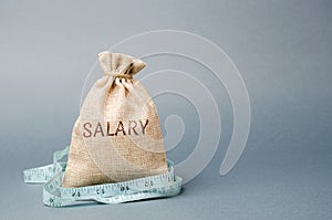 Money bag with the word Salary and tape measure. Wage cuts. The concept of limited profit. Lack of money and poverty. Small income photo