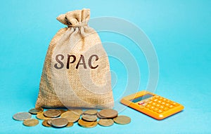 Money bag with the word SPAC - Special purpose acquisition company. Simplified listing of company, merger bypassing stock exchange