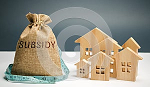 Money bag with the word Subsidy and wooden houses. Financial aid, support to the population. Cash grants, interest-free loans. Tax