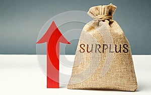 Money bag with the word Surplus and up arrow. The concept of increasing budget surplus. Economic prosperity. Cash receipts are