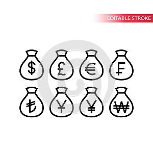 Money bag world currency thin line icon set. Money sack outline vector icons.