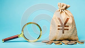 Money bag with yen or yuan sign and magnifying glass. The concept of finding sources of investment and sponsors. Charitable funds