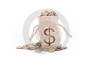 Money bags and coins on white background.Time to invest, time value for money, family planning, money saving, finance saving and