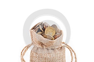 Money bags and coins on white background.Time to invest, time value for money, family planning, money saving, finance saving and