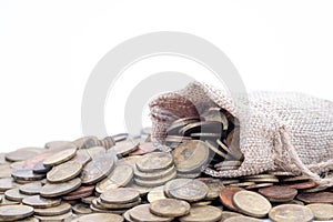 Money bags and coins on white background.Time to invest, time value for money, family planning, money saving, finance saving and