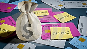 Money bags with the concept of personal credit delinquency and credit cards with a \'default\' memo, 3d rendering photo