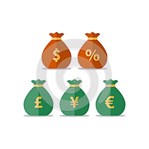 Money bags, dollar pound yen euro sign, currency exchange, savings and investment, financial solution