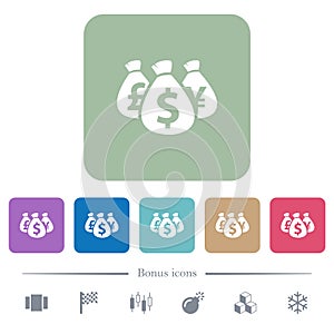 Money bags flat icons on color rounded square backgrounds