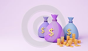 Money bags icon, money saving concept. difference money bags on purple background