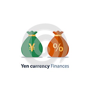 Money bags, Japanese yen sign, currency exchange, savings and investment, financial solution