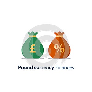 Money bags, pound sign, currency exchange, savings and investment, financial solution